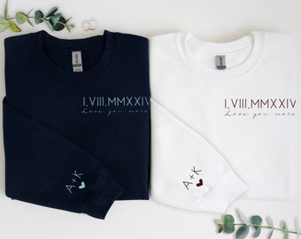 Custom Roman Numeral Sweatshirt | Couple Date Sweatshirt | Anniversary Shirts For Couples Shirt | Custom Couple Shirt Initial On Sleeve