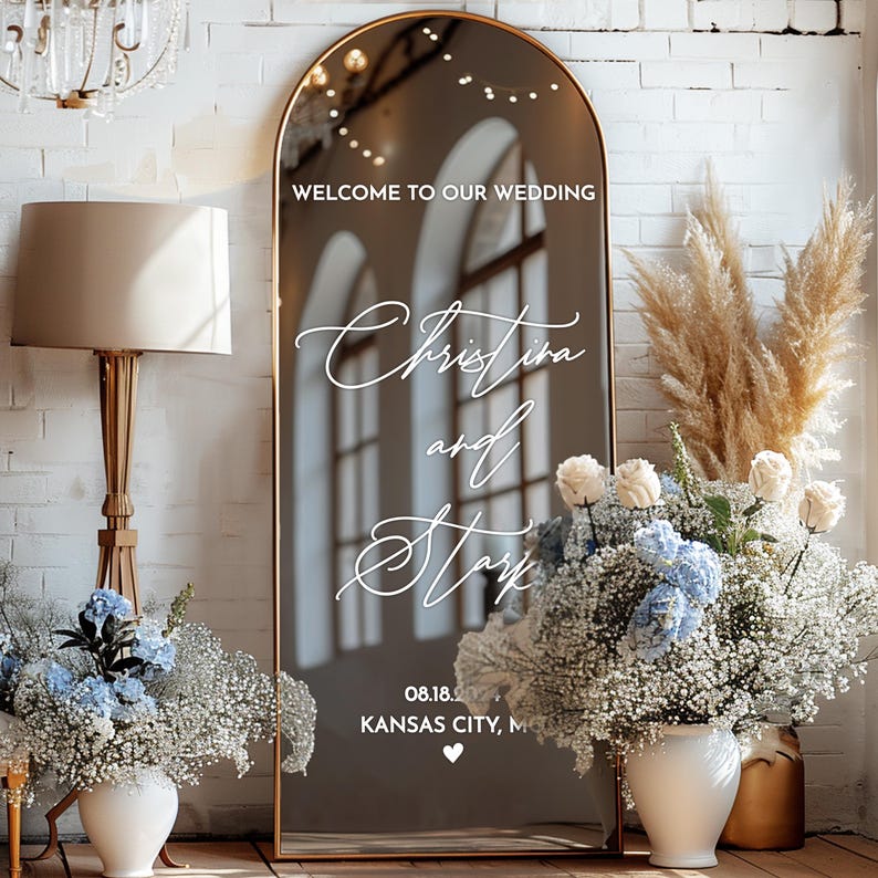 Welcome Wedding Sign, Vinyl Mirror Decal, Custom Wedding Decor, Welcome Engagement Party Mirror Decal for Wedding, Reception Welcome Sign image 5