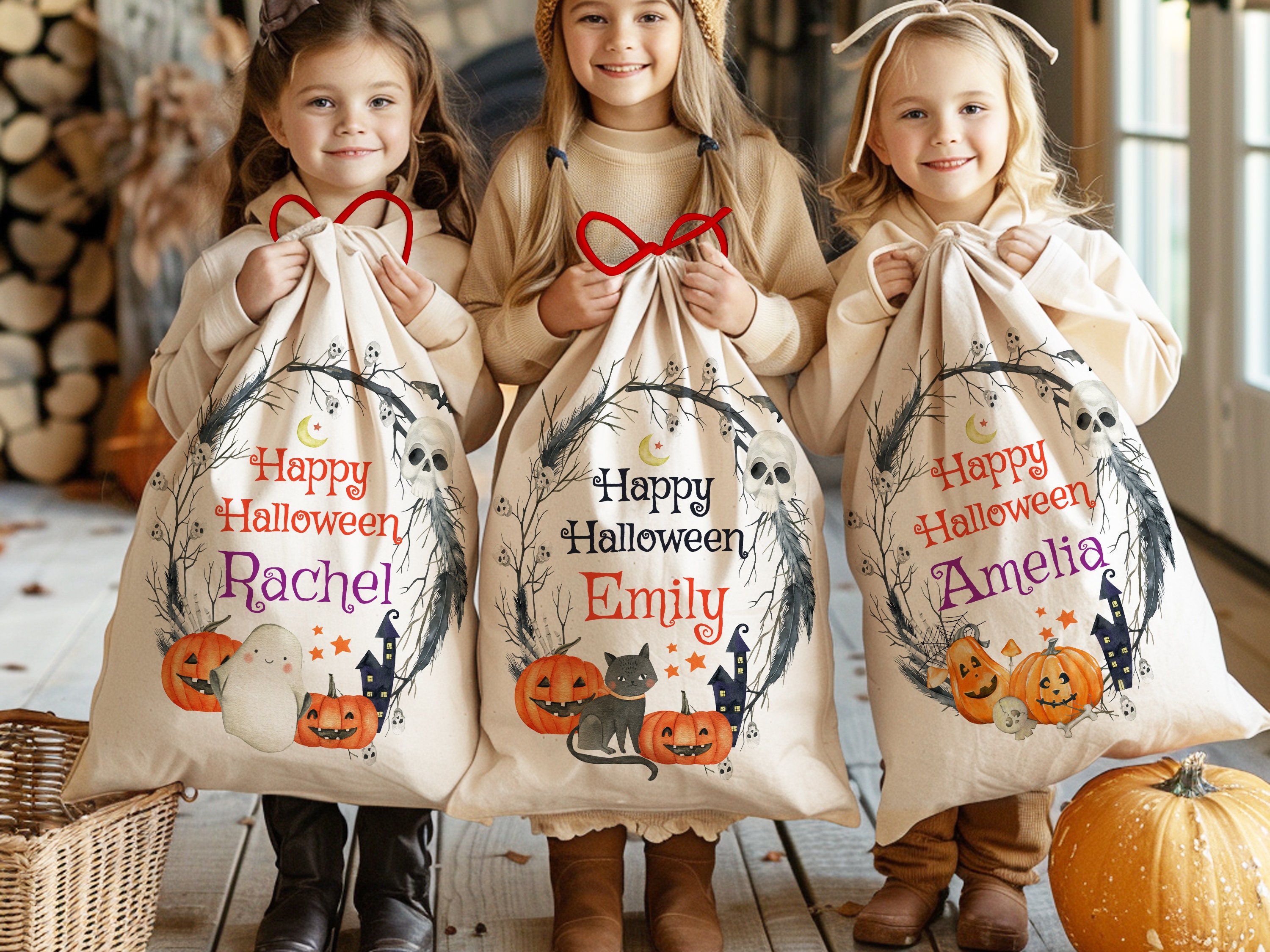 Custom Happy Halloween Bags, Kids Trick or Treat Bag, Halloween Candy Bag, Personalized Halloween Name Bag, Halloween Goodie Bag