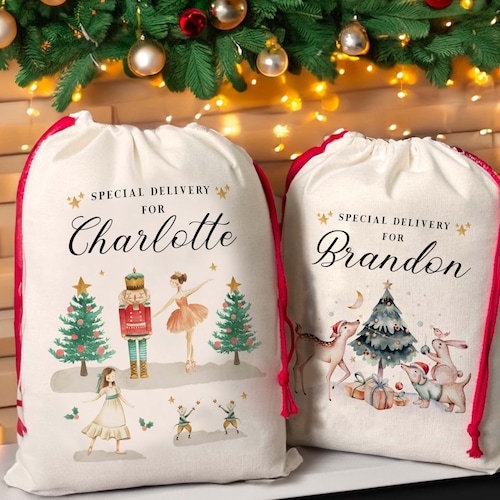 Personalized Christmas Eve Box Nutcracker Ballerina Reindeer Gift Bag for Kids Christmas, Special Delivery Christmas Santa Sack with Name
