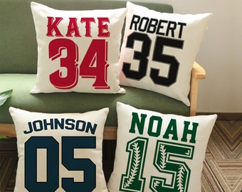 Personalized Sports Throw Pillow Cover Décor w/Number & Name - Customized Baseball Basketball Football Soccer Pillows Case, Home Decorations