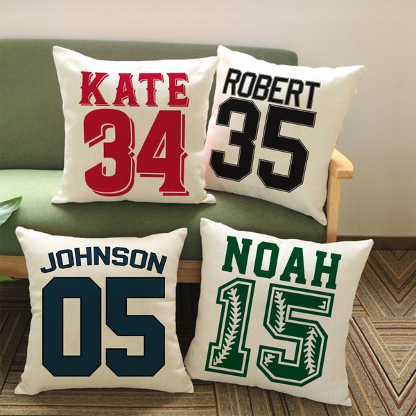 Personalized Sports Throw Pillow Cover Décor w/Number & Name - Customized Baseball Basketball Football Soccer Pillows Case, Home Decorations