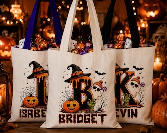 Cute Halloween Ghost bag, Spooky Goodie Bag, Custom Name Halloween Tote Bag, Trick or Treat Candy Bag, Personalized Halloween Kids Treat Bag