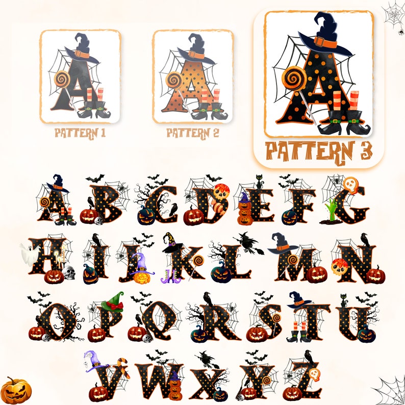 May include: Halloween alphabet letters with a black and orange polka dot pattern, decorated with spiderwebs, bats, pumpkins, and witch hats. The letters are in uppercase and are arranged in alphabetical order.