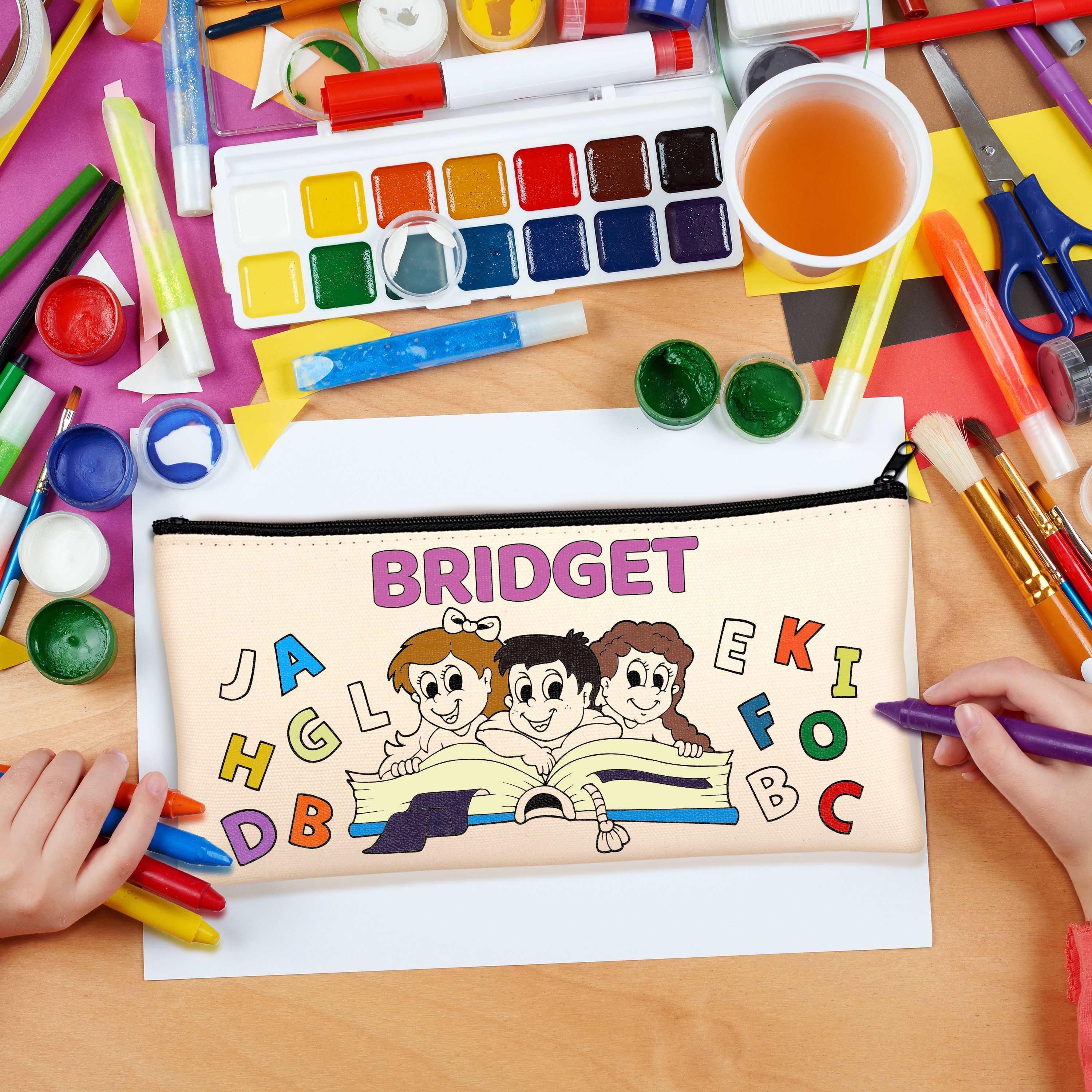 Personalized DIY Pencil Case for Girls & Boys with 12 Colors Watercolor Pens, Customized Name Cool School Pencil Pouch for Students Custom Canvas Pencil Box Birthday Gifts
