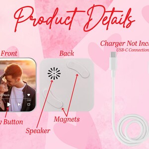 May include: A white square device with a photo on the front, a speaker, and magnets on the back. A white USB-C cable is shown. Text includes "Product Details", "Charger Not Included", "Play Button", and "USB-C Connection".