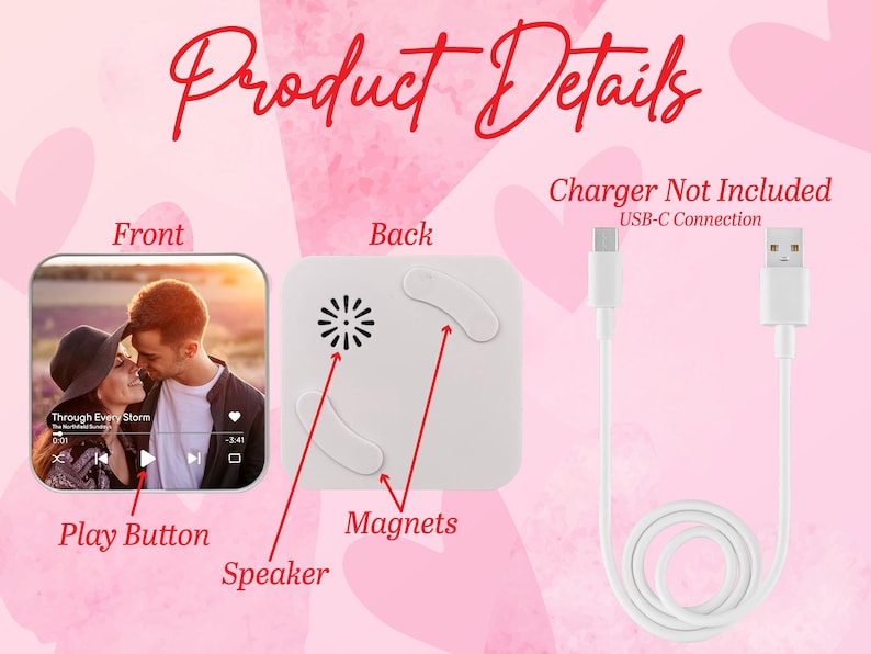 May include: A white square device with a photo on the front, a speaker, and magnets on the back. A white USB-C cable is shown. Text includes "Product Details", "Charger Not Included", "Play Button", and "USB-C Connection".