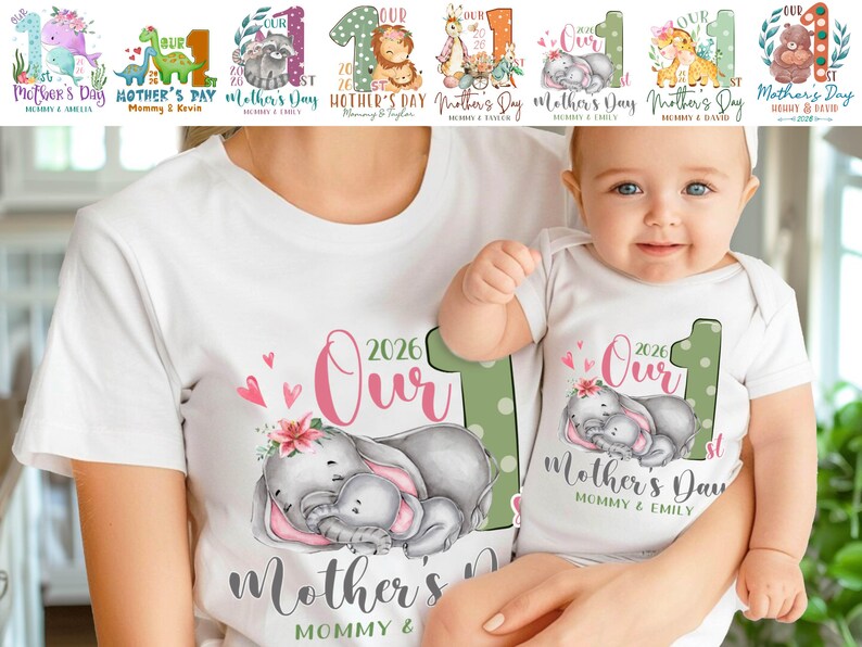 Puede incluir: Camisetas blancas y body para beb&eacute; con dise&ntilde;os a juego para el D&iacute;a de la Madre. El dise&ntilde;o incluye un elefante gris con un beb&eacute; elefante, corazones rosas y el texto "Our 1st Mother's Day 2026".