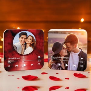 May include: Two square, personalized music-themed gifts with photos of couples. One features a red vinyl design with the text "Velvet Hours." The other displays a couple with the text "Through Every Storm."