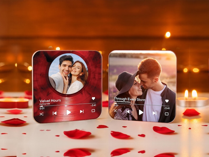 May include: Two square, personalized music-themed gifts with photos of couples. One features a red vinyl design with the text "Velvet Hours." The other displays a couple with the text "Through Every Storm."