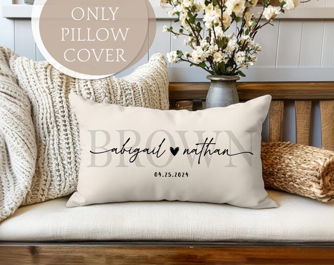 Wedding Gifts, Newlywed Gift, Engagement Gift, Personalized Pillow with Names and Established Date, Linen Pillow Cover, Gift for Couple
