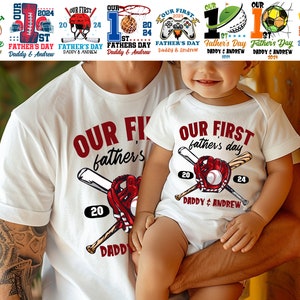 May include: A white t-shirt with the text "Our First Father's Day" and a baseball graphic. A white onesie with the text "Our First Father's Day" and a baseball graphic.