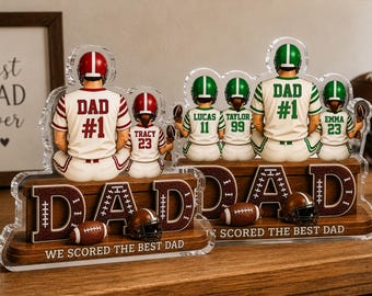 Personalized American Football Dad Gift, We Scored The Best Dad Sign, 2D Acrylic Plaque with Kids Names, Fathers Day Football Lover Keepsake