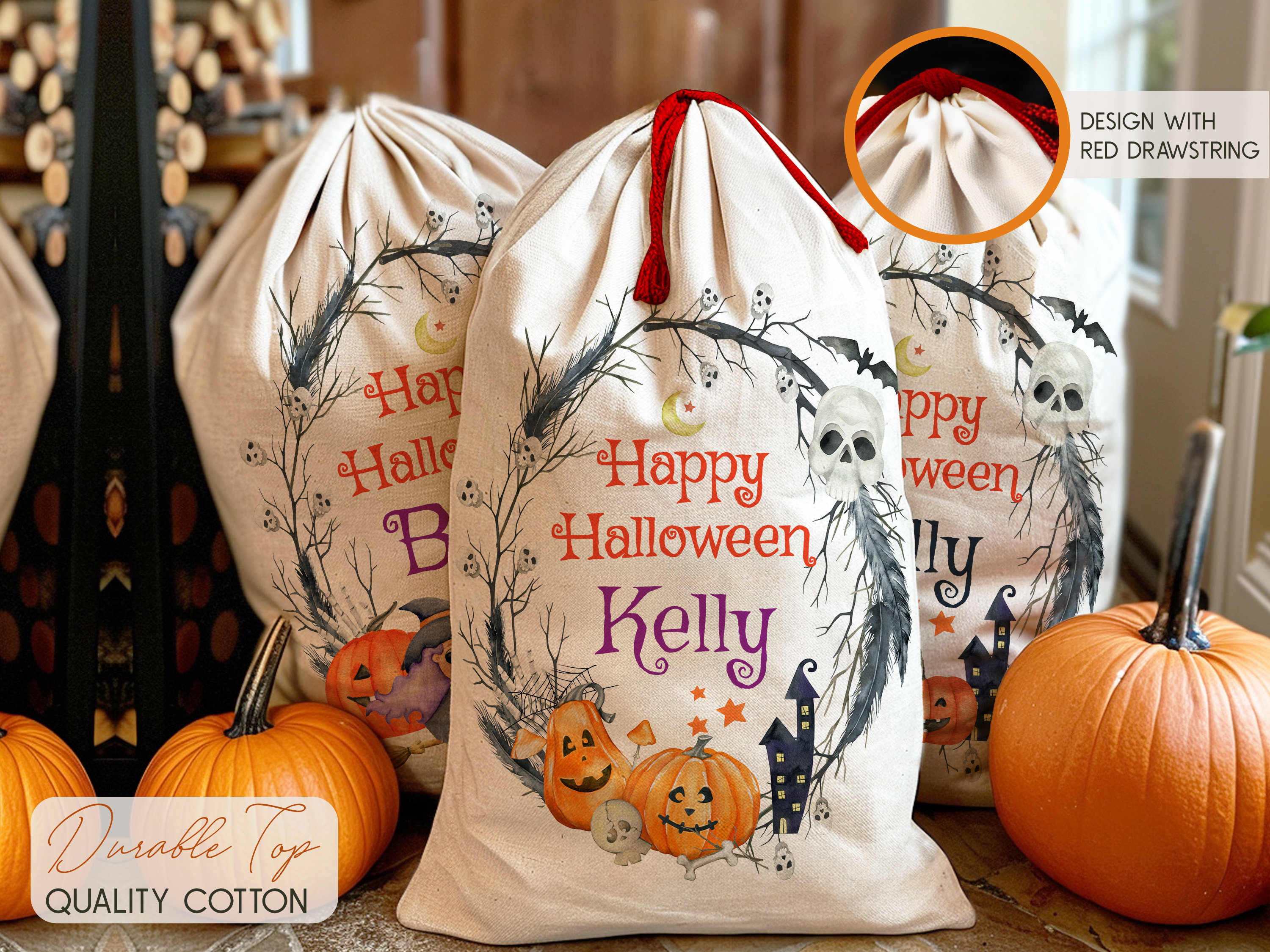Custom Happy Halloween Bags, Kids Trick or Treat Bag, Halloween Candy Bag, Personalized Halloween Name Bag, Halloween Goodie Bag