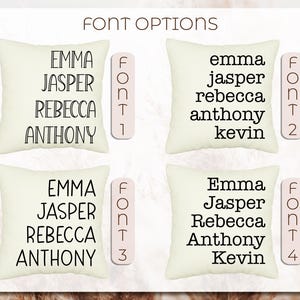 May include: Four white pillowcases with different font styles for the names Emma, Jasper, Rebecca, Anthony, and Kevin. The font styles are labeled Font 1, Font 2, Font 3, and Font 4.