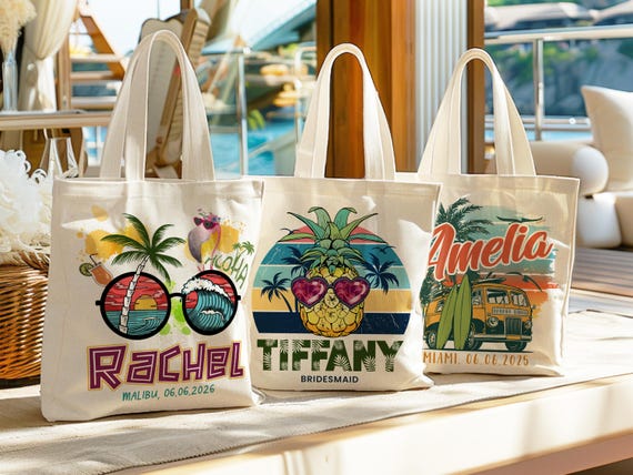 Beach Tote Bag for Girls, Custom Beach Bag, Bridesmaid Gift Bag, Bachelorette Gifts for Bridesmaid, Natural Canvas Tote Bag, Custom Tote Bag
