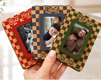 Personalized Photo Car Visor Clip for Dad, Checkered Wooden Fridge Magnet Picture Frame, Father's Day Gift from Kids for Dad Grandpa Papa