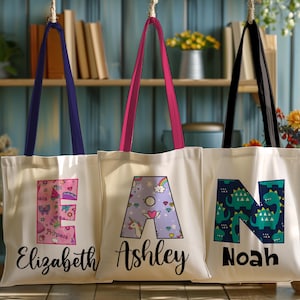 Personalized Kids Name Tote Bag Library Tote for Kids Children Book Bag Custom Stationery Canvas Bag Kids School Tote With Rainbow Dinosaur