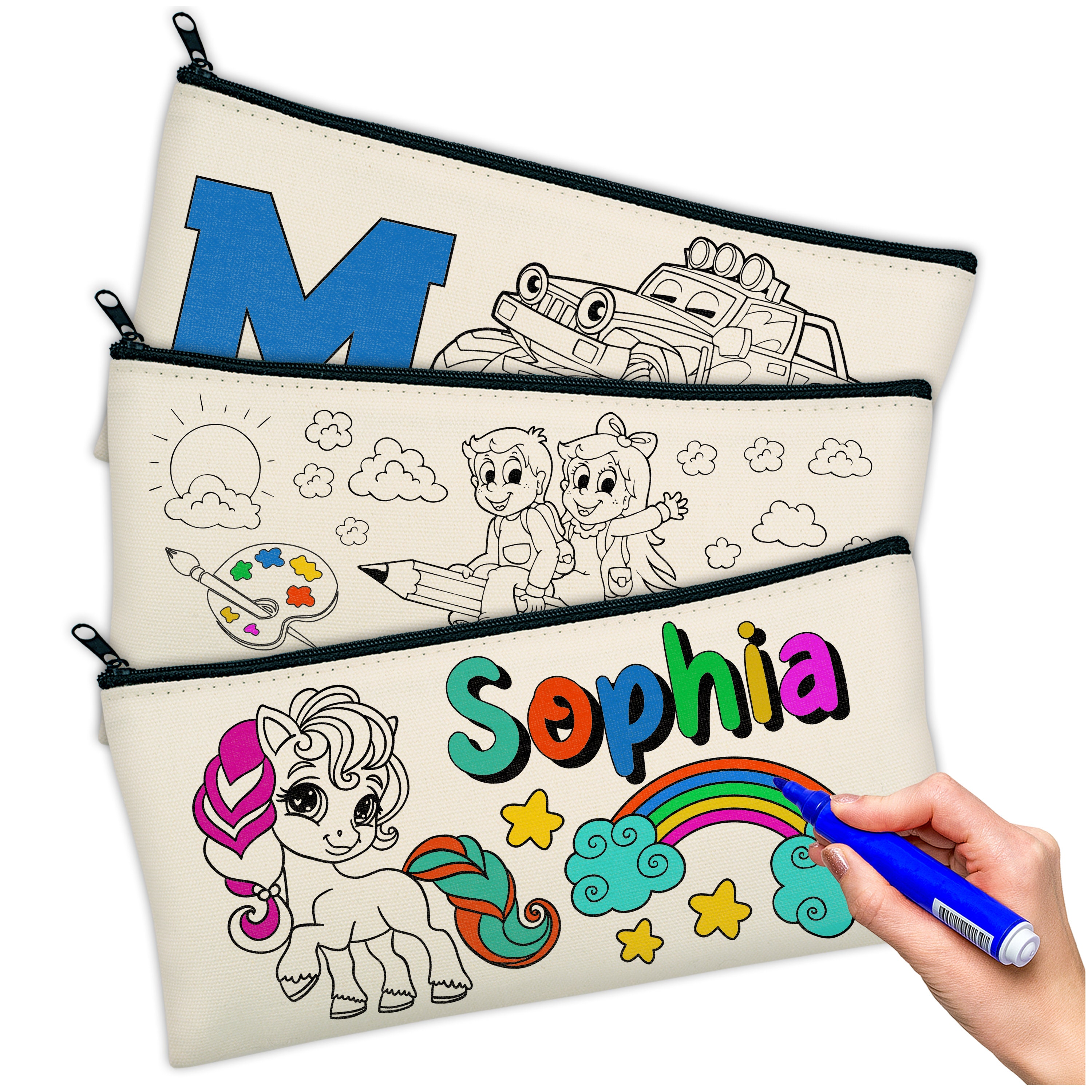 Personalized DIY Pencil Case for Girls & Boys with 12 Colors Watercolor Pens, Customized Name Cool School Pencil Pouch for Students Custom Canvas Pencil Box Birthday Gifts