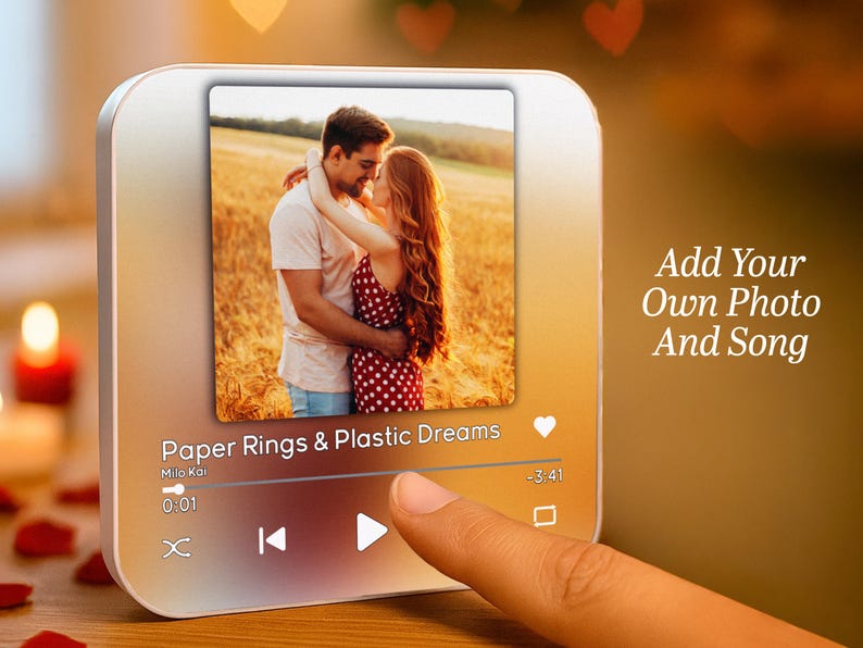 May include: A silver-colored digital music player with a touch screen displays a photo of a couple embracing. The screen shows the text "Paper Rings & Plastic Dreams" and playback controls. The text "Add Your Own Photo And Song" is also visible.