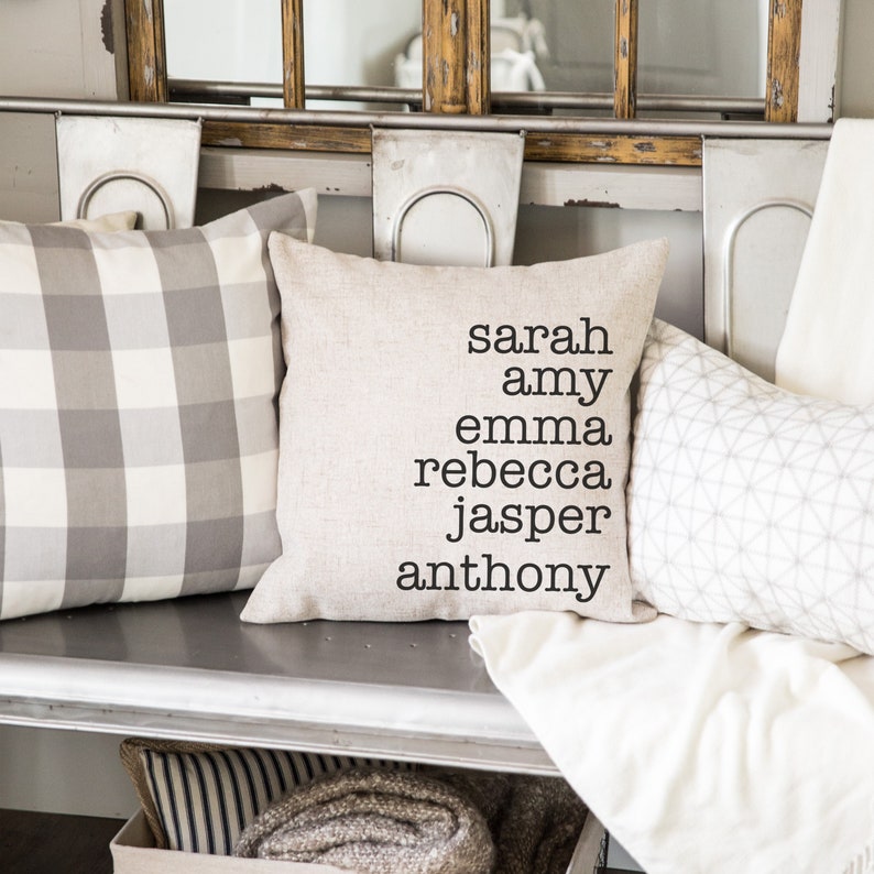 Personalized family name pillow cover featuring a list of custom names in a modern, minimalist font. Made from high-quality fabric, this neutral-toned pillow cover adds a cozy and sentimental touch to any home decor. Perfect for celebrating family, grandchildren, or loved ones. Pillow cover only, insert not included. Thoughtful gift for birthdays, Mother’s Day, or housewarmings.