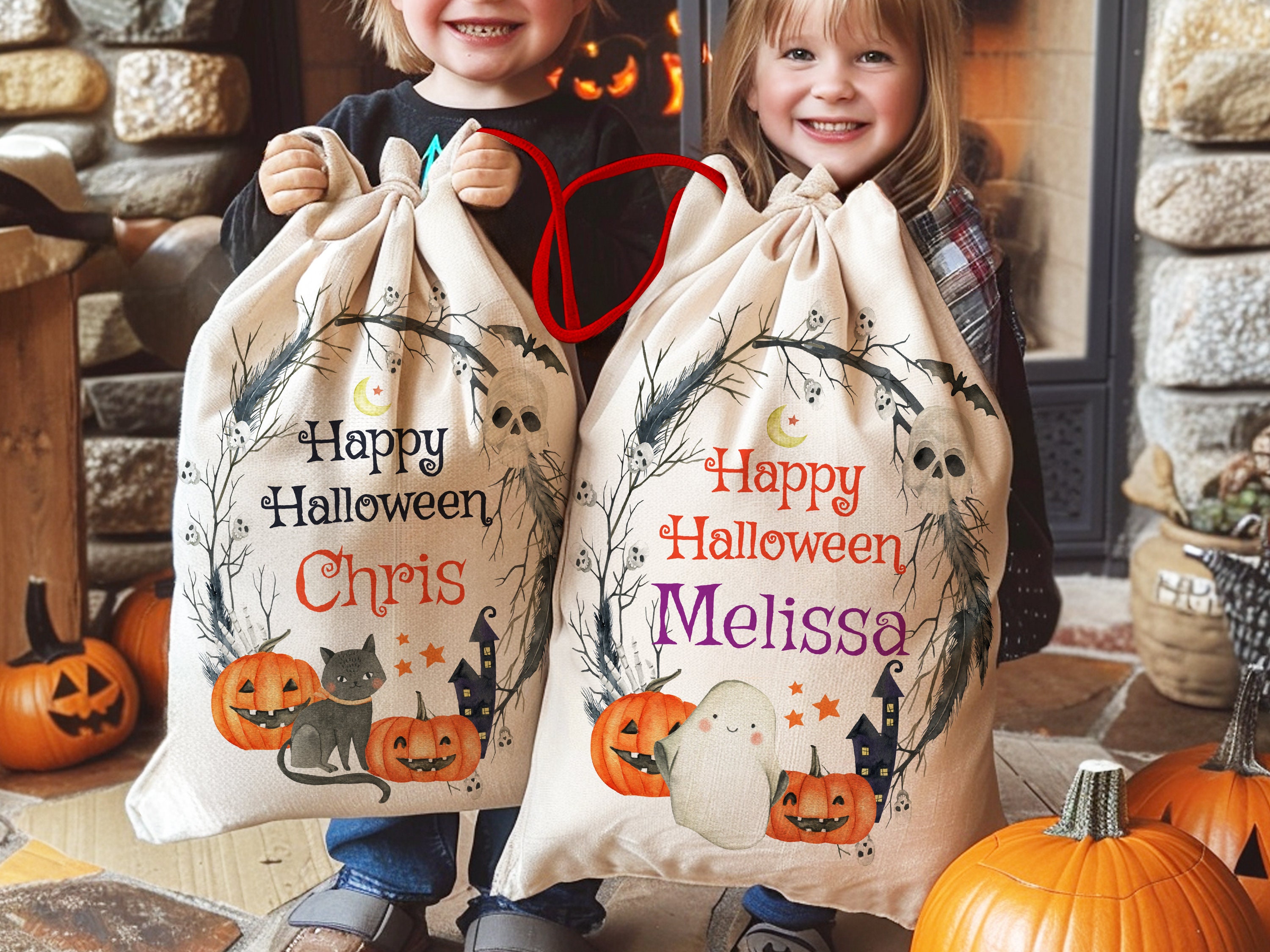 Custom Happy Halloween Bags, Kids Trick or Treat Bag, Halloween Candy Bag, Personalized Halloween Name Bag, Halloween Goodie Bag