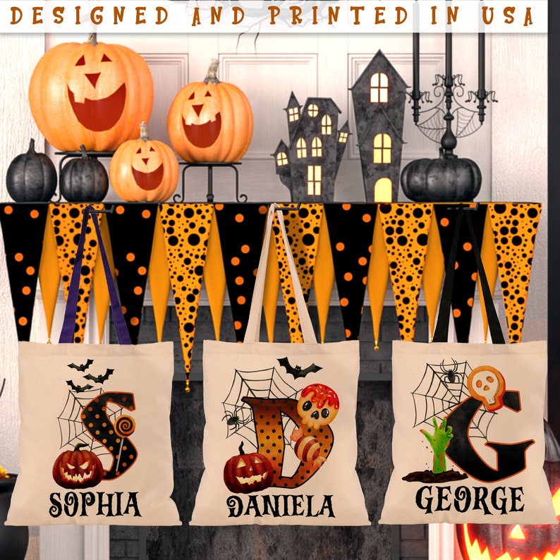 May include: Three Halloween trick-or-treat bags with personalised names: Sophia, Daniela, and George. Each bag features a black and orange polka dot design with a spiderweb, a spider, and a pumpkin. The bags are hanging from a black and orange garland with black polka dots.
