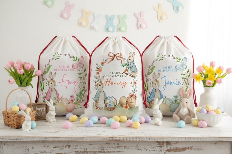 Custom Easter Basket, Personalized Easter Sack for Easter, Easter Egg Hunts, Bunny Baskets for Kids Bag, Boys Girls Easter Gifts, Bunny Sack immagine 6