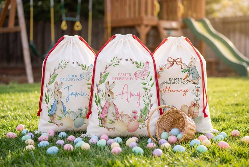 Custom Easter Basket, Personalized Easter Sack for Easter, Easter Egg Hunts, Bunny Baskets for Kids Bag, Boys Girls Easter Gifts, Bunny Sack immagine 2