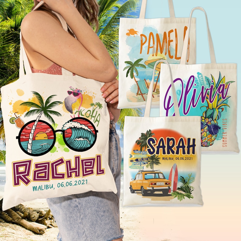 May include: Four colorful tote bags with different designs and names. The bags feature a palm tree, sunglasses, a pineapple, a car, and a surfboard. The names on the bags are Rachel, Pamela, Olivia, and Sarah. Each bag has the date "MALIBU, 06.06.2021" printed on it.