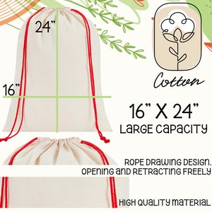 Pu&ograve; includere: Una borsa in cotone bianco con coulisse rosse. La borsa misura 40,6 cm per 61 cm. La borsa &egrave; realizzata in materiale di alta qualit&agrave; e ha un design a coulisse che consente una facile apertura e chiusura.