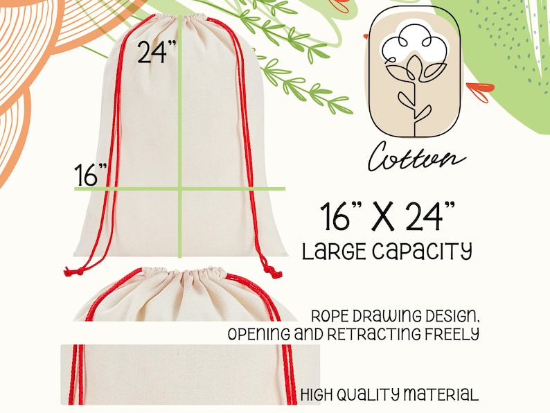 Pu&ograve; includere: Una borsa in cotone bianco con coulisse rosse. La borsa misura 40,6 cm per 61 cm. La borsa &egrave; realizzata in materiale di alta qualit&agrave; e ha un design a coulisse che consente una facile apertura e chiusura.