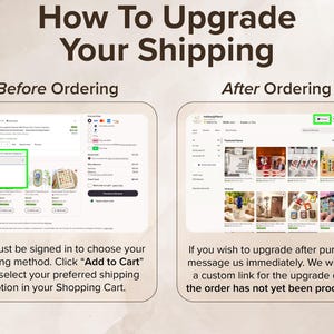 Op de afbeelding: Een instructieve afbeelding getiteld How To Upgrade Your Shipping met twee schermafbeeldingen gelabeld Before Ordering en After Ordering. Links staat een winkelmandje met groen gemarkeerde verzendopties. Rechts staat een winkelpagina.