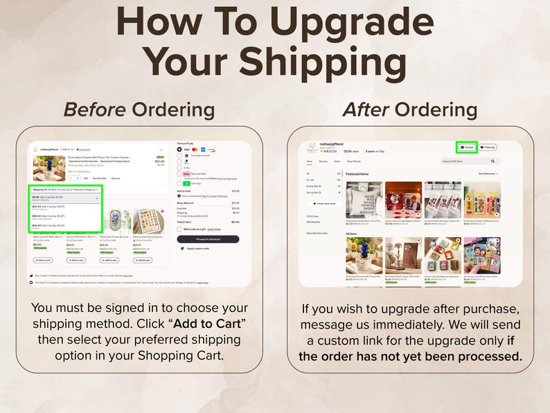 Op de afbeelding: Een instructieve afbeelding getiteld How To Upgrade Your Shipping met twee schermafbeeldingen gelabeld Before Ordering en After Ordering. Links staat een winkelmandje met groen gemarkeerde verzendopties. Rechts staat een winkelpagina.