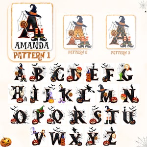 May include: Halloween alphabet clipart featuring black letters, pumpkins, bats, spiders, and witches. The letters are decorated with various Halloween elements. The letters are on a white background.