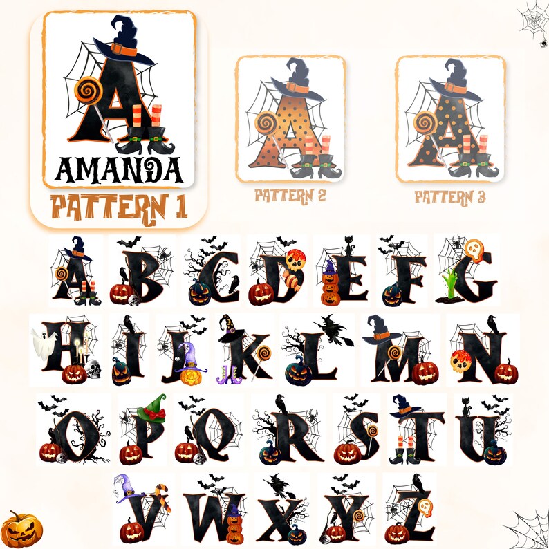May include: Halloween alphabet clipart featuring black letters, pumpkins, bats, spiders, and witches. The letters are decorated with various Halloween elements. The letters are on a white background.