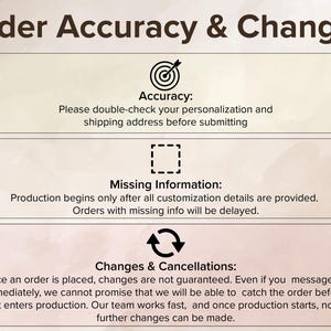 Op de afbeelding: Een informatieve afbeelding met de titel Order Accuracy & Changes met drie secties. De eerste toont een doelpictogram voor Accuracy, de tweede een gestippeld vierkant voor Missing Information en de derde cirkelvormige pijlen voor Changes & Cancellations.