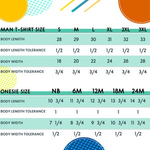 May include: A chart with a teal background showing size charts for men's t-shirts and onesies. The chart includes body length, body length tolerance, body width, and body width tolerance. The sizes for men's t-shirts are S, M, L, XL, 2XL, and 3XL. The sizes for onesies are NB, 6M, 12M, 18M, and 24M.