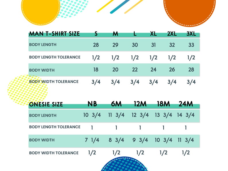 May include: A chart with a teal background showing size charts for men's t-shirts and onesies. The chart includes body length, body length tolerance, body width, and body width tolerance. The sizes for men's t-shirts are S, M, L, XL, 2XL, and 3XL. The sizes for onesies are NB, 6M, 12M, 18M, and 24M.