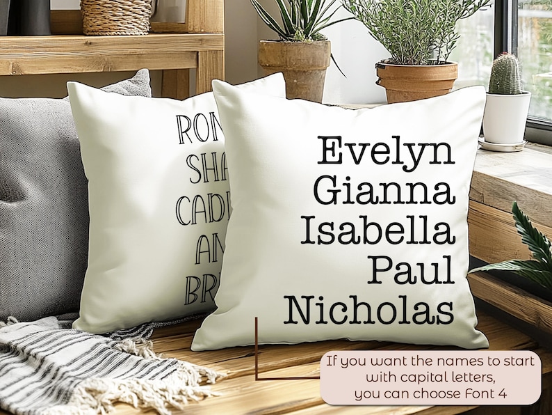May include: Two white pillowcases with black text. One pillowcase has the names Evelyn, Gianna, Isabella, Paul, and Nicholas. The other pillowcase has the names Ron, Sha, Cadi, An, and Br.