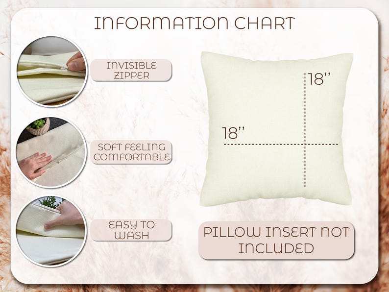 May include: White pillow cover with an invisible zipper, measuring 18 inches by 18 inches. The pillow insert is not included. The cover is soft and comfortable and easy to wash.