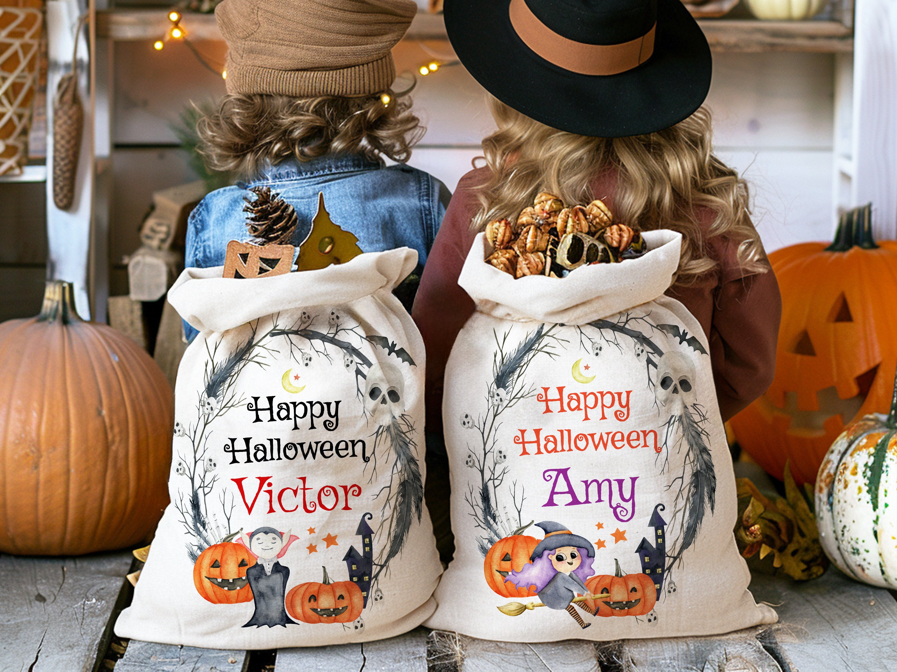 Custom Happy Halloween Bags, Kids Trick or Treat Bag, Halloween Candy Bag, Personalized Halloween Name Bag, Halloween Goodie Bag