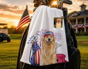 Custom Pet Portrait Golf Towel, 4th of July Patriotic Dog Cat Lover Gift, Personalized Golf Towel for Dog Dad Cat Dad, Pet Memorial Keepsake