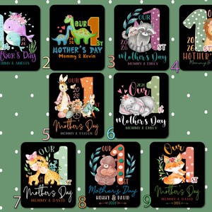 Puede incluir: Una colecci&oacute;n de nueve dise&ntilde;os tem&aacute;ticos del D&iacute;a de la Madre sobre fondos negros. Cada dise&ntilde;o presenta el n&uacute;mero "1" y el texto "Mother's Day" con diferentes ilustraciones de animales, incluyendo una ballena, dinosaurios, mapaches, un le&oacute;n, un conejo, un elefante, jirafas, un oso y un zorro.