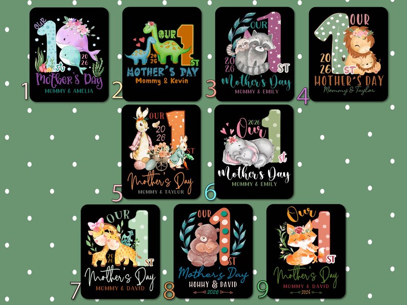 Puede incluir: Una colecci&oacute;n de nueve dise&ntilde;os tem&aacute;ticos del D&iacute;a de la Madre sobre fondos negros. Cada dise&ntilde;o presenta el n&uacute;mero "1" y el texto "Mother's Day" con diferentes ilustraciones de animales, incluyendo una ballena, dinosaurios, mapaches, un le&oacute;n, un conejo, un elefante, jirafas, un oso y un zorro.