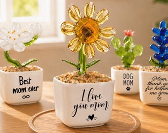 Personalized Mom Mini Flower Pot, Custom Mother's Day Gifts, Handmade Stained Glass Flower Pot, Everlasting Flower Gifts for Mom Birthday