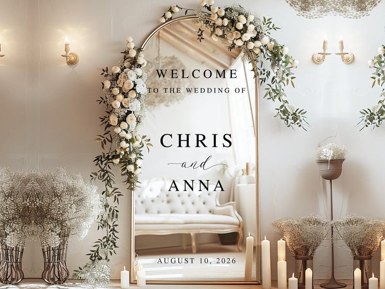 Welcome Wedding Sign, Vinyl Mirror Decal, Custom Wedding Decor, Welcome Engagement Party Mirror Decal for Wedding, Reception Welcome Sign image 1