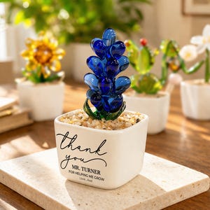 May include: A blue glass succulent in a white ceramic pot with the words "thank you" and "Mr. Turner for helping me grow" written on it. Other glass flower sculptures are in the background.
