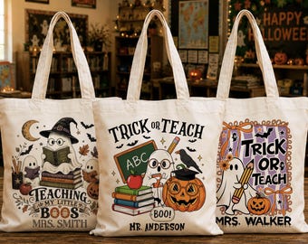 Personalized Teacher Halloween Tote Bag, Custom Teacher Appreciation Halloween Gift, Trick or Teach Teacher Bag, Spooky Season Teacher Gift