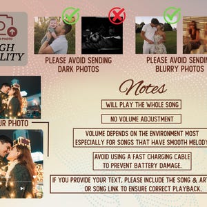May include: A graphic with instructions for photo uploads. It includes text such as "Upload Photo High Quality" and "Please Avoid Sending Dark Photos." There are also examples of acceptable and unacceptable photos.